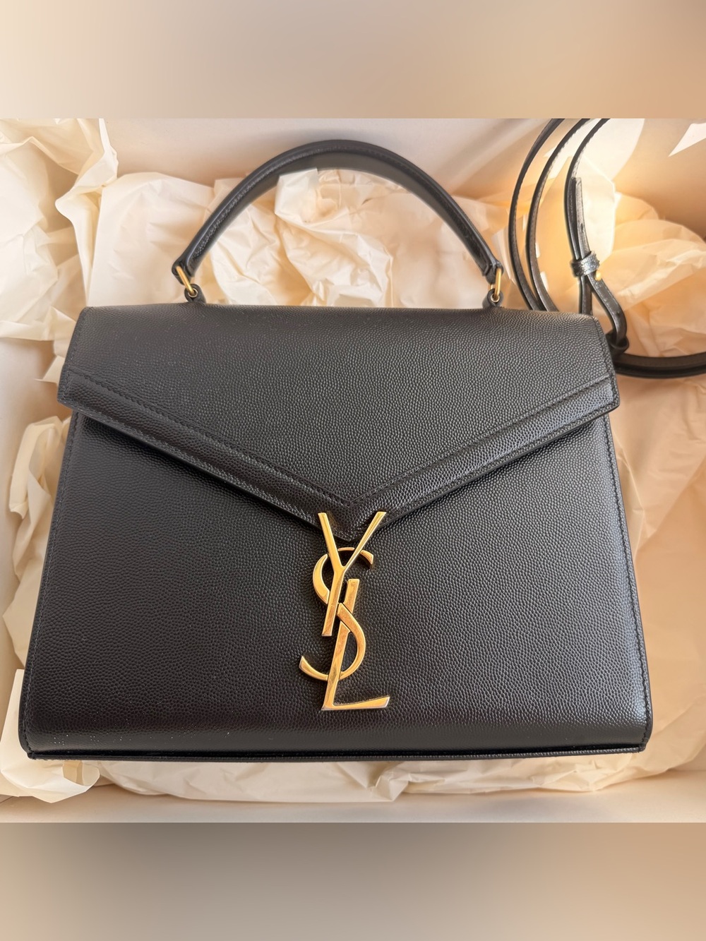 Saint Laurent Black Leather Top-Handle Satchel with Gold Logo